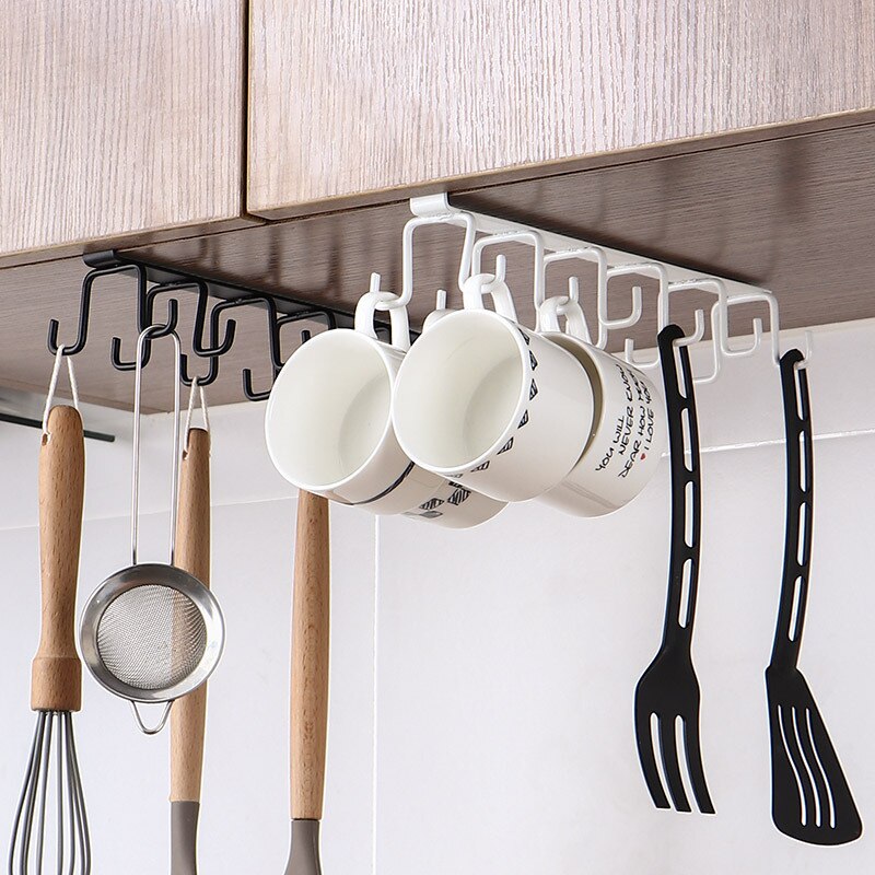 12 Hooks Kitchen Double-row Hook Hanging Cup Holder Household Punch-free Wall Cabinet Hook Spatula Rack Cup Storage Wrought Iron