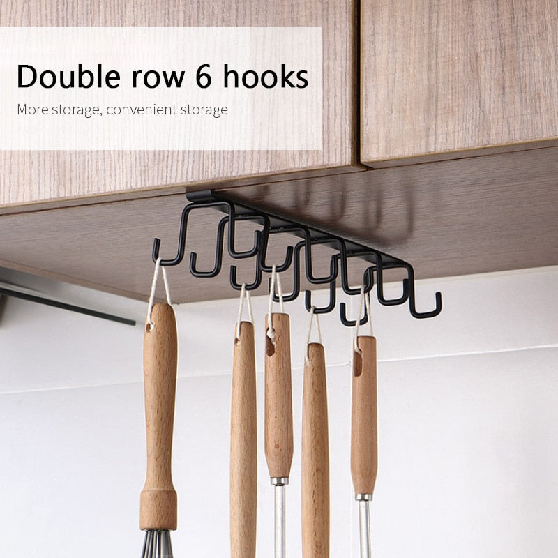 12 Hooks Kitchen Double-row Hook Hanging Cup Holder Household Punch-free Wall Cabinet Hook Spatula Rack Cup Storage Wrought Iron