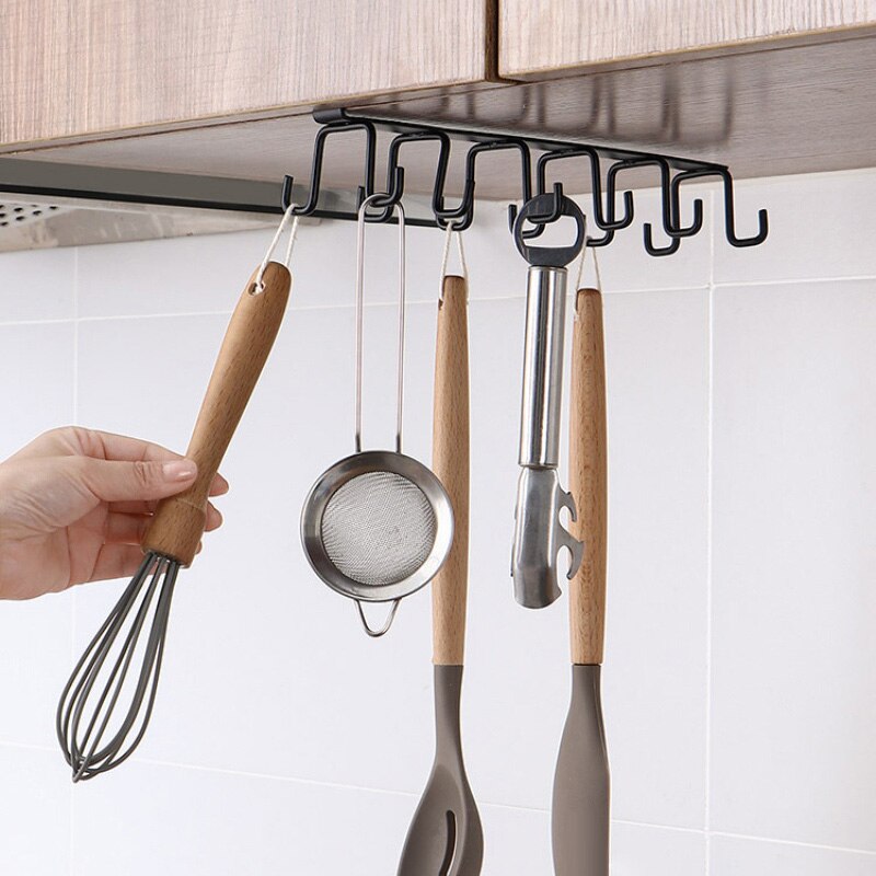 12 Hooks Kitchen Double-row Hook Hanging Cup Holder Household Punch-free Wall Cabinet Hook Spatula Rack Cup Storage Wrought Iron