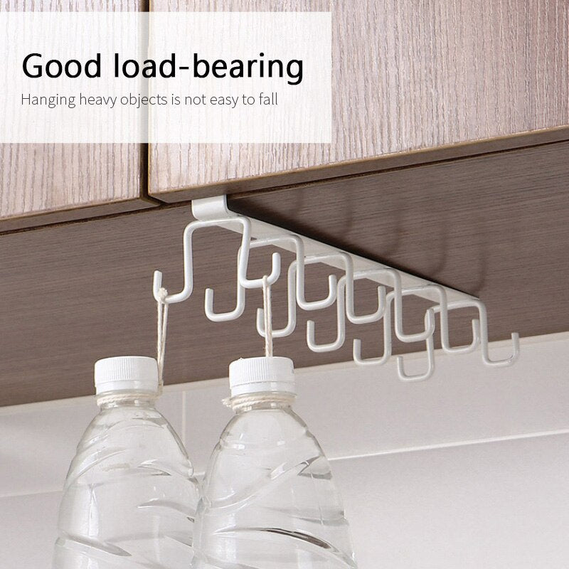 12 Hooks Kitchen Double-row Hook Hanging Cup Holder Household Punch-free Wall Cabinet Hook Spatula Rack Cup Storage Wrought Iron