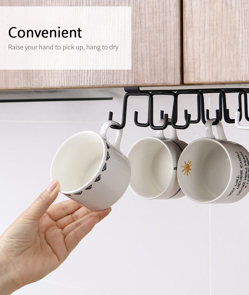 12 Hooks Kitchen Double-row Hook Hanging Cup Holder Household Punch-free Wall Cabinet Hook Spatula Rack Cup Storage Wrought Iron