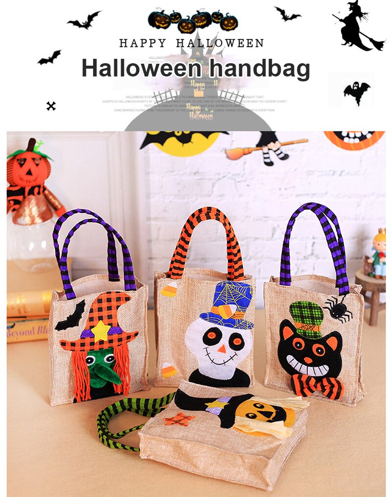 Halloween Candy Handbag Decorations Cartoon Pumpkin Linen Tote Bag Ghost Festival Party Party Dress Up Props Children Candy Bag