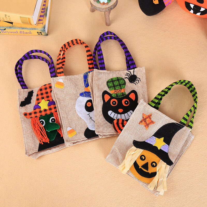 Halloween Candy Handbag Decorations Cartoon Pumpkin Linen Tote Bag Ghost Festival Party Party Dress Up Props Children Candy Bag