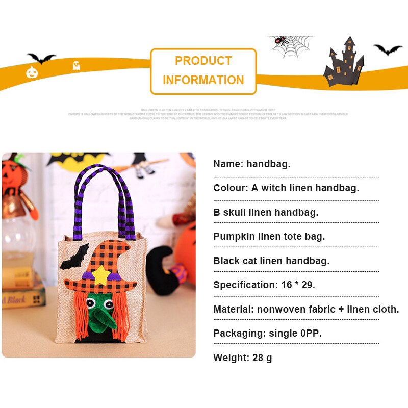 Halloween Candy Handbag Decorations Cartoon Pumpkin Linen Tote Bag Ghost Festival Party Party Dress Up Props Children Candy Bag