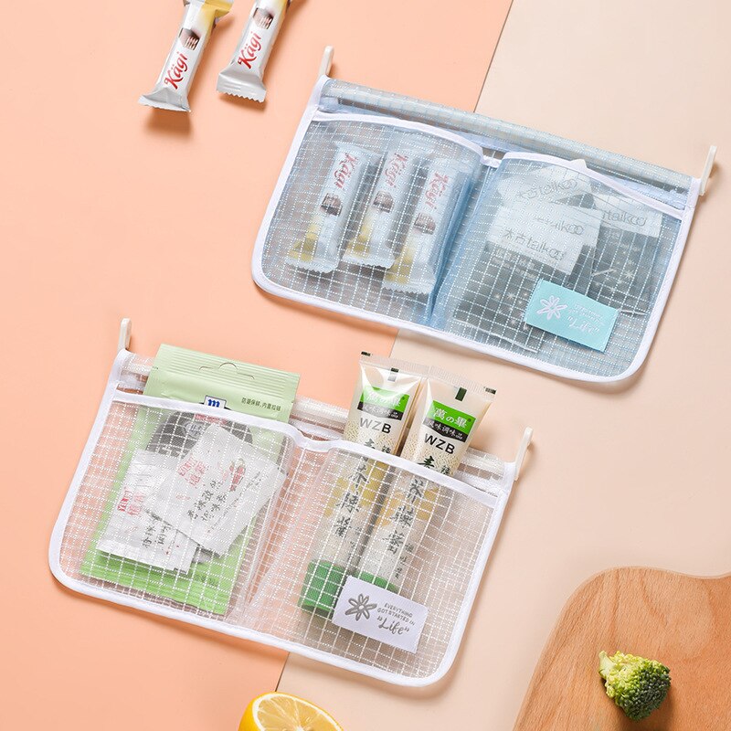 Kitchen Double Compartment Hanging Bag Breathable Mesh Bag Refrigerator Storage Mesh Bag Hanging Household Classification Hook