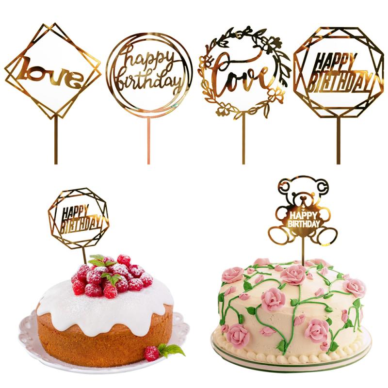 Wedding Christmas Decorating Supplies Tool Acrylic Happy Birthday Cake Hot Stamping Golden Insert Card Cake Baking Accessories