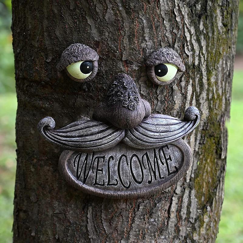 Yard Garden Statues Elderly Tree Face Glowing Eyes Decoration Outdoor Resin Craft Art Sculpture Garden Tree Garden Decoration